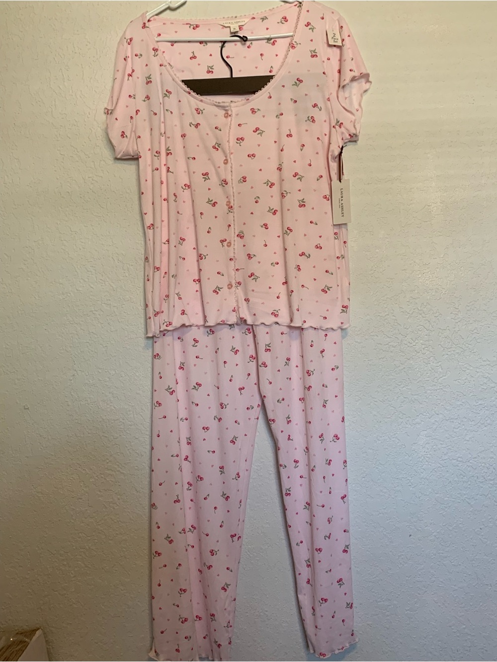 Laura Ashley Pink Cherry-Print Two-Piece Pajama Set
